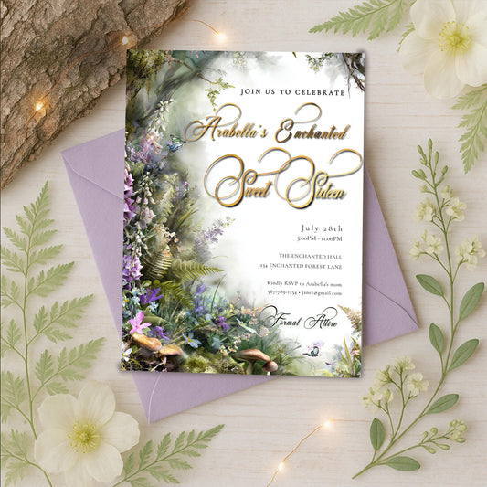 Enchanted Forest Sweet 16 Invitation – Green & Gold Fairytale Editable Template