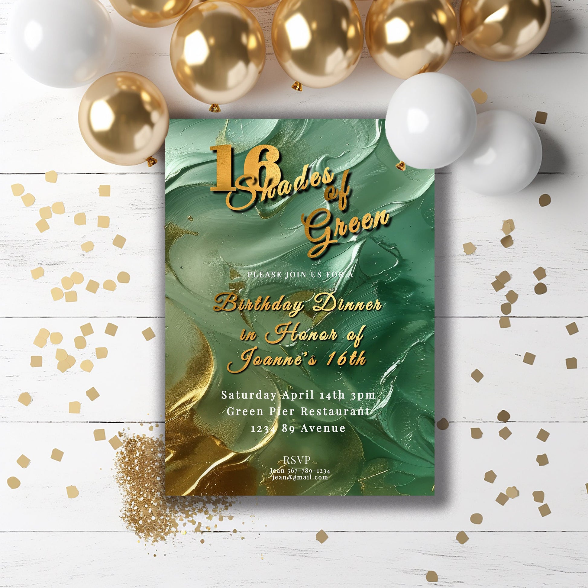 Green Birthday Invitation – Editable 16th Birthday Invite with Gold Foil & Emerald Green Design