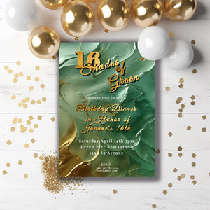 Green Birthday Invitation – Editable 16th Birthday Invite with Gold Foil & Emerald Green Design