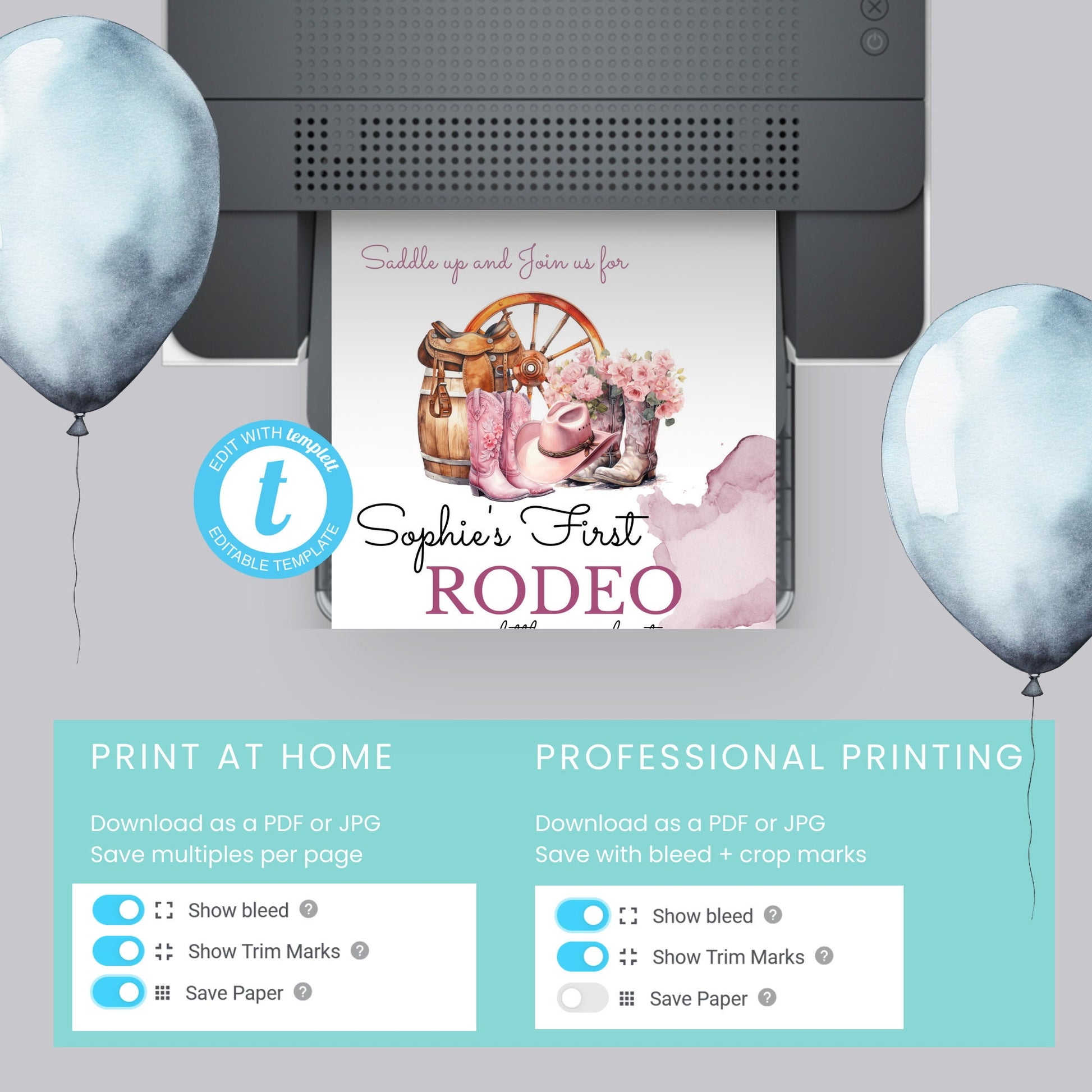 Cowgirl 1st Birthday Invitation Template: Western Rodeo Party (4x6, 5x7)