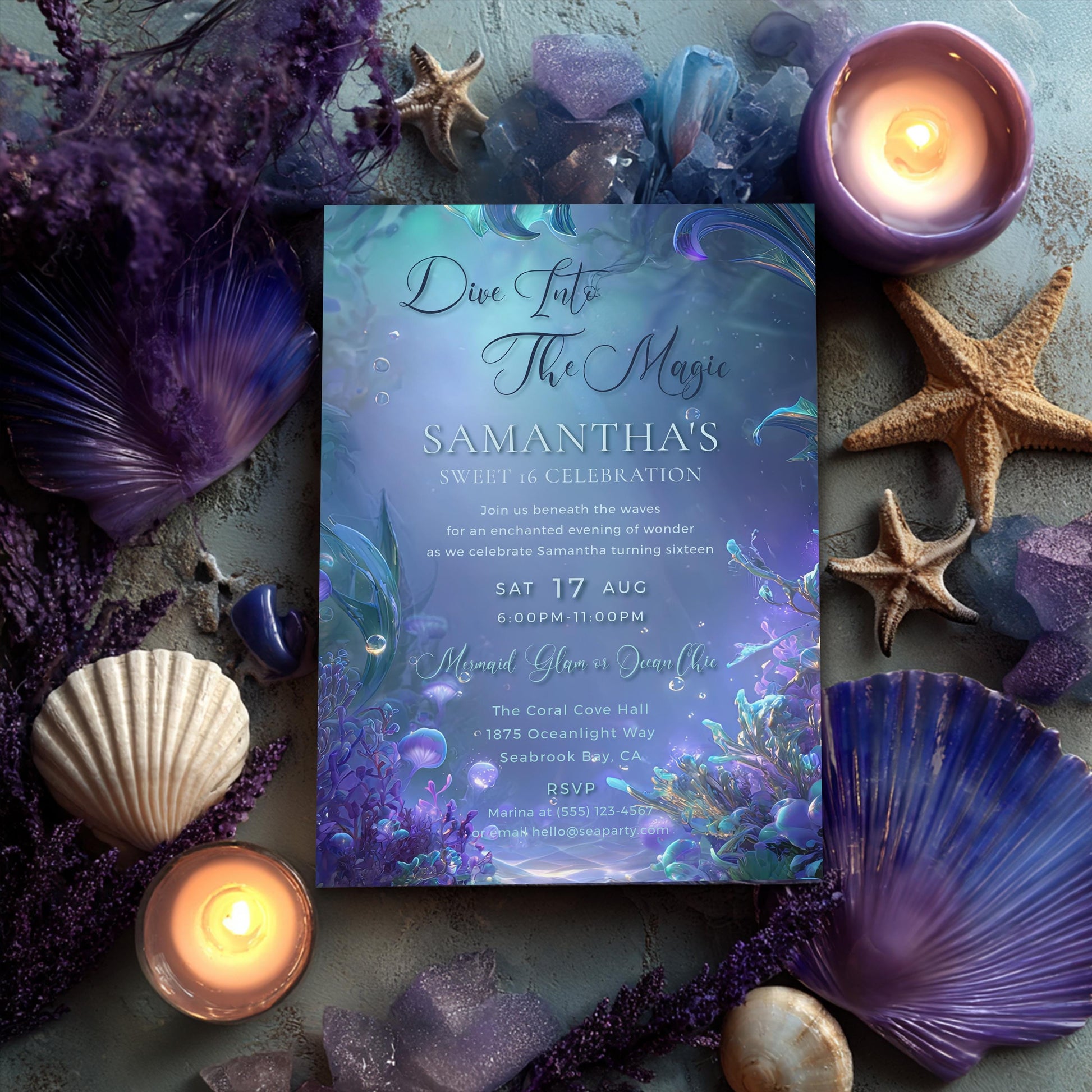 Mermaid Sweet 16 Invitation Template: Under the Sea Birthday (5x7, Digital Download)