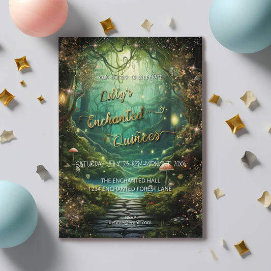 Enchanted Forest Quinceañera Invitation – Green & Gold Editable Template