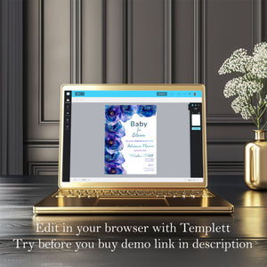 Blue Baby in Bloom Shower Bundle | Editable Invitations, Signs & Cards | Alcohol Ink Templates