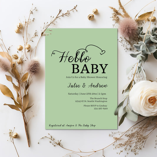Sage Green Baby Shower Invitation - Modern 5x7 Editable Template, Minimalist Card