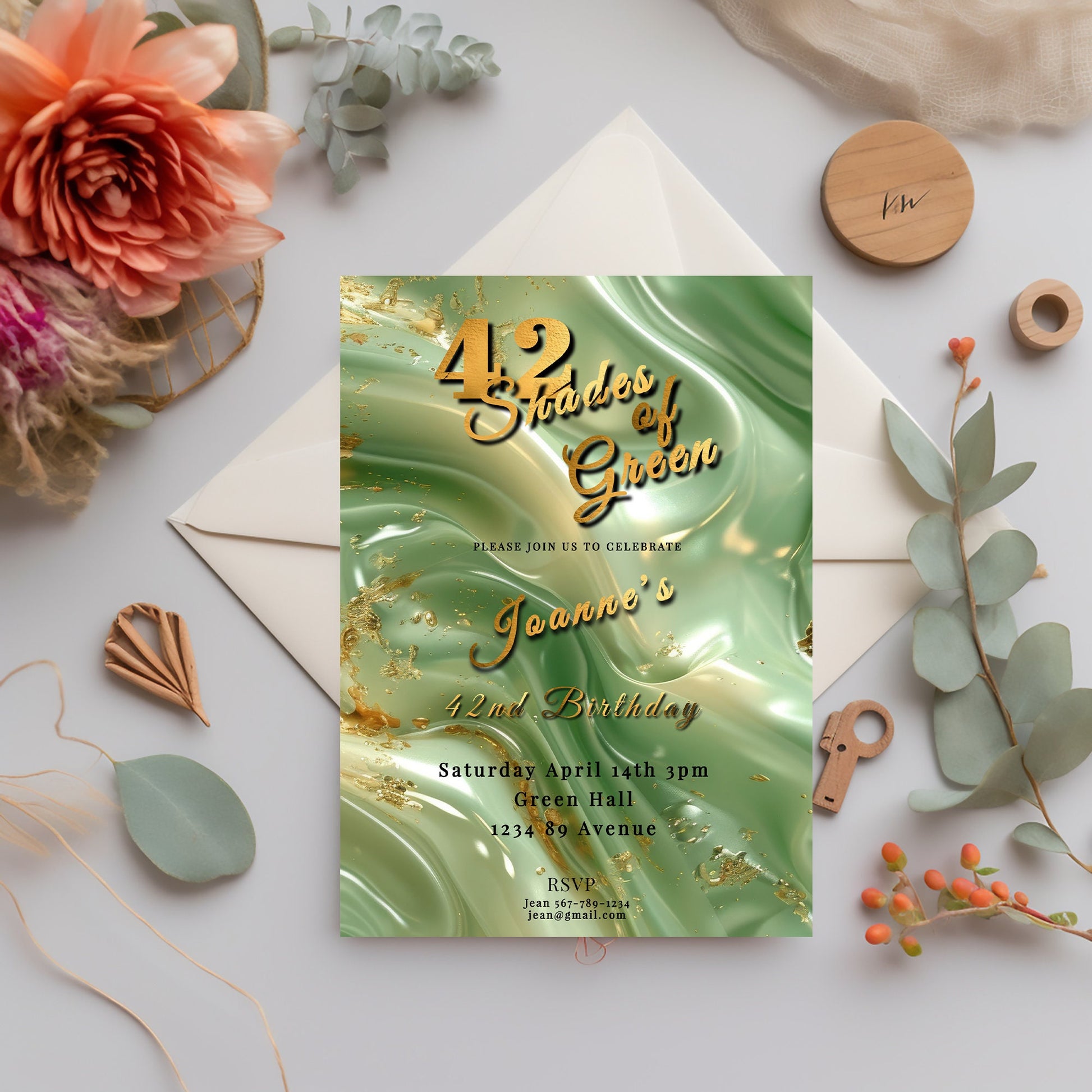 Emerald Green Birthday Invitation - Elegant Agate Design | Printable 5x7 Gold Foil Invite