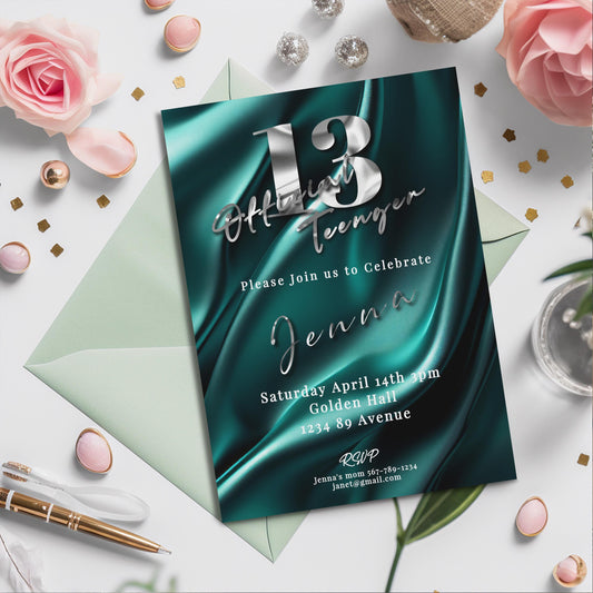 Teal & Silver 13th Birthday Invitation – Editable Teen Party Template