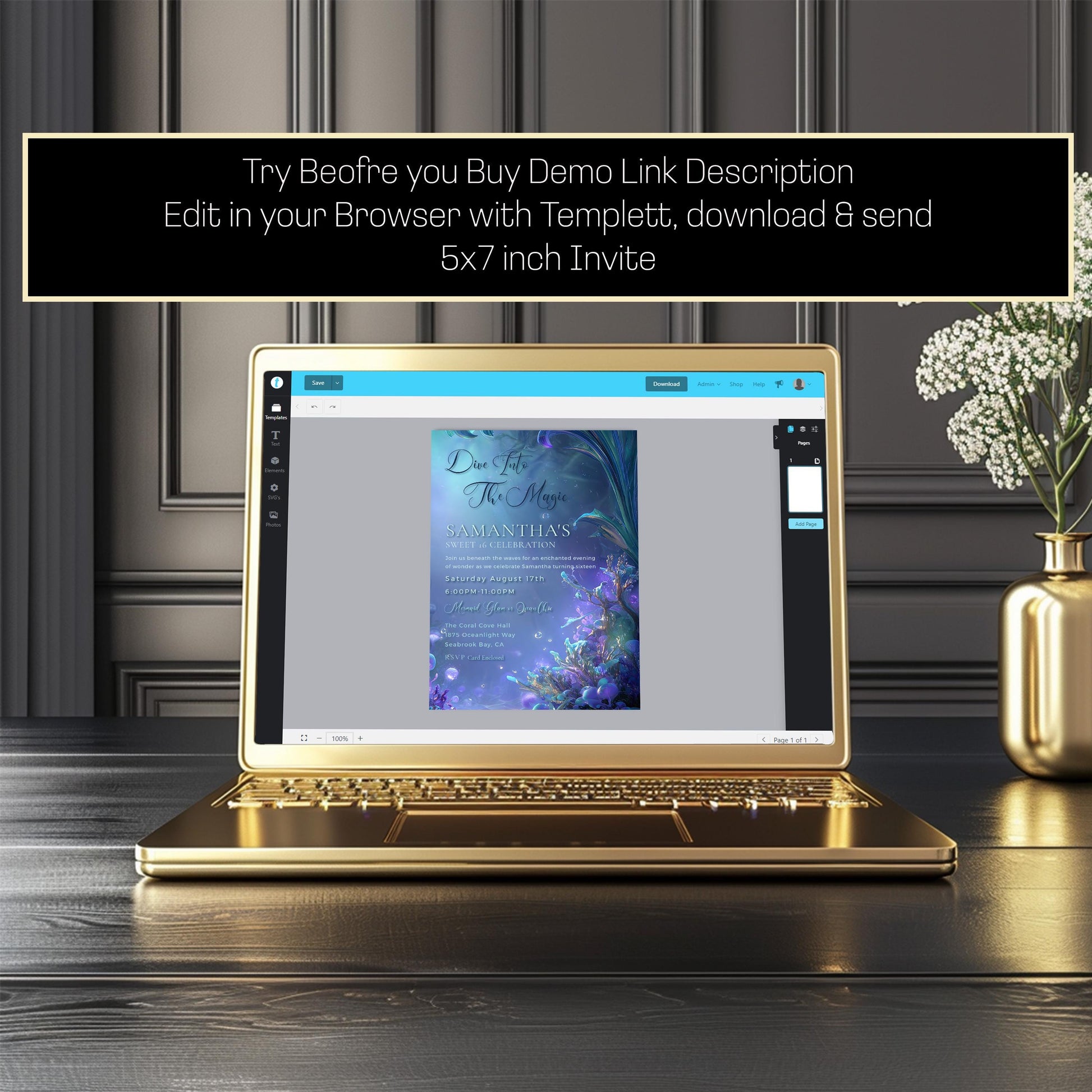 Mermaid Sweet 16 Invitation Template: Under the Sea Birthday (5x7, Digital Download)