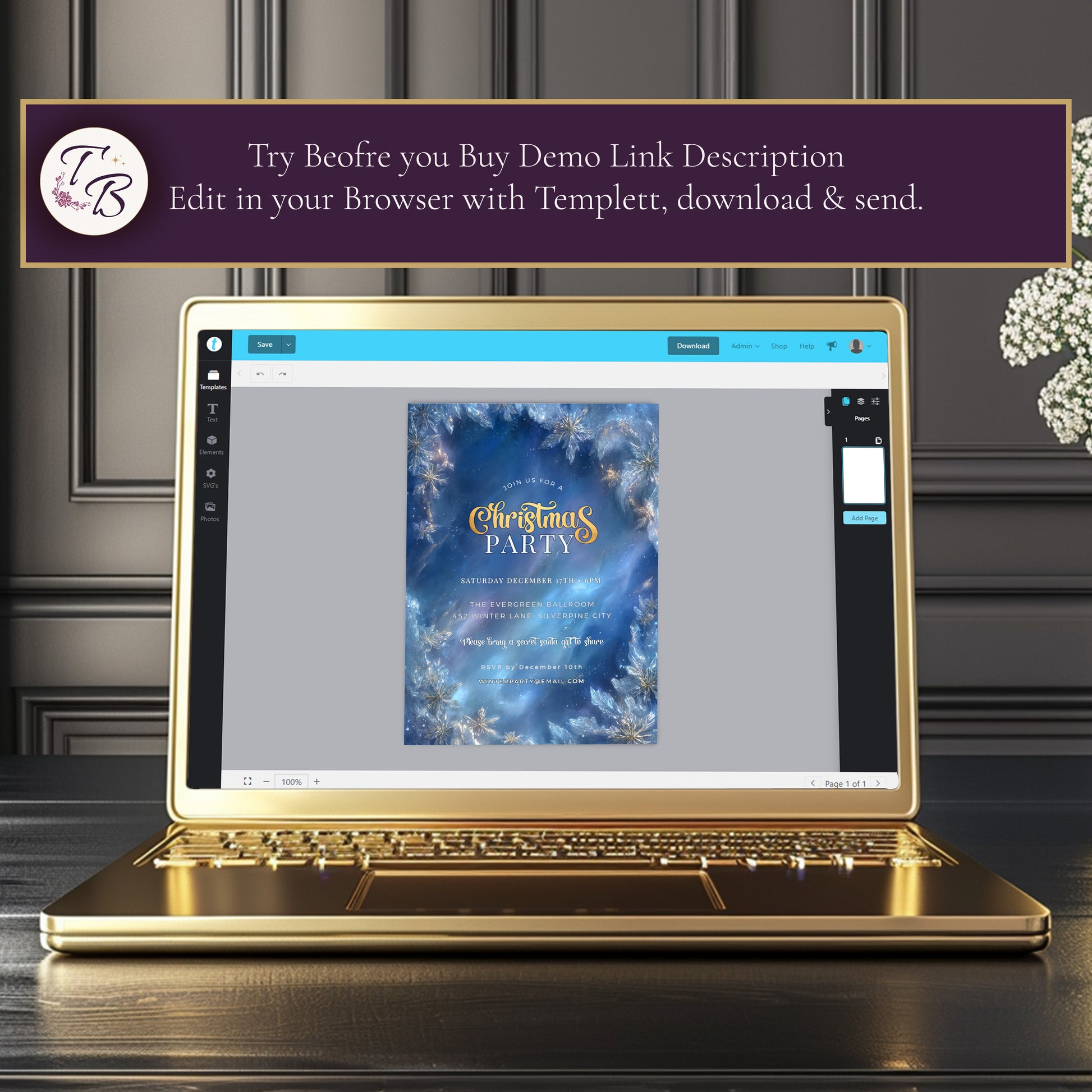 Winter Wonderland Invitation – Editable Blue Gold Snowflake Holiday Party Template