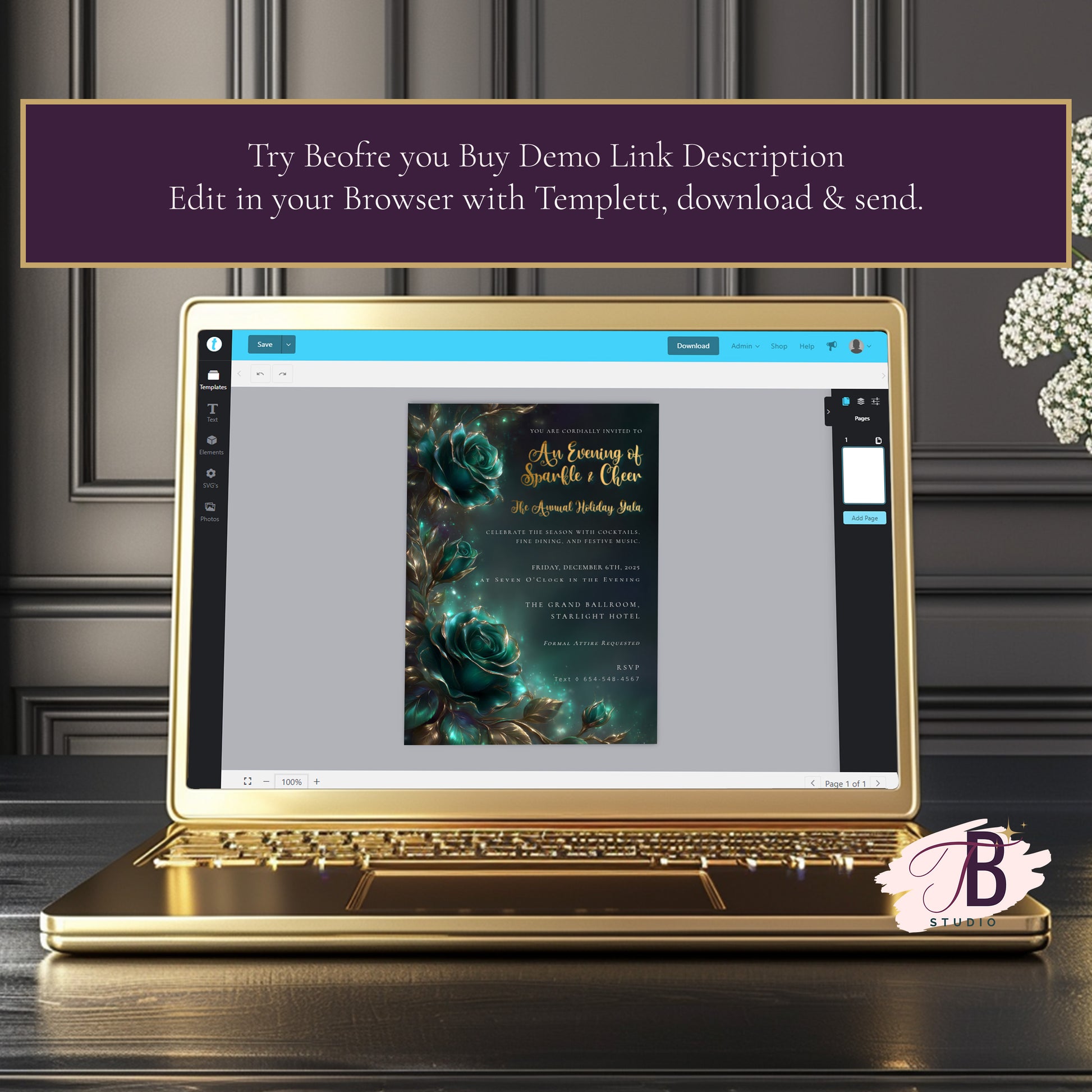 Emerald Rose Invitation – Elegant Holiday Gala Invite | Editable Event Template