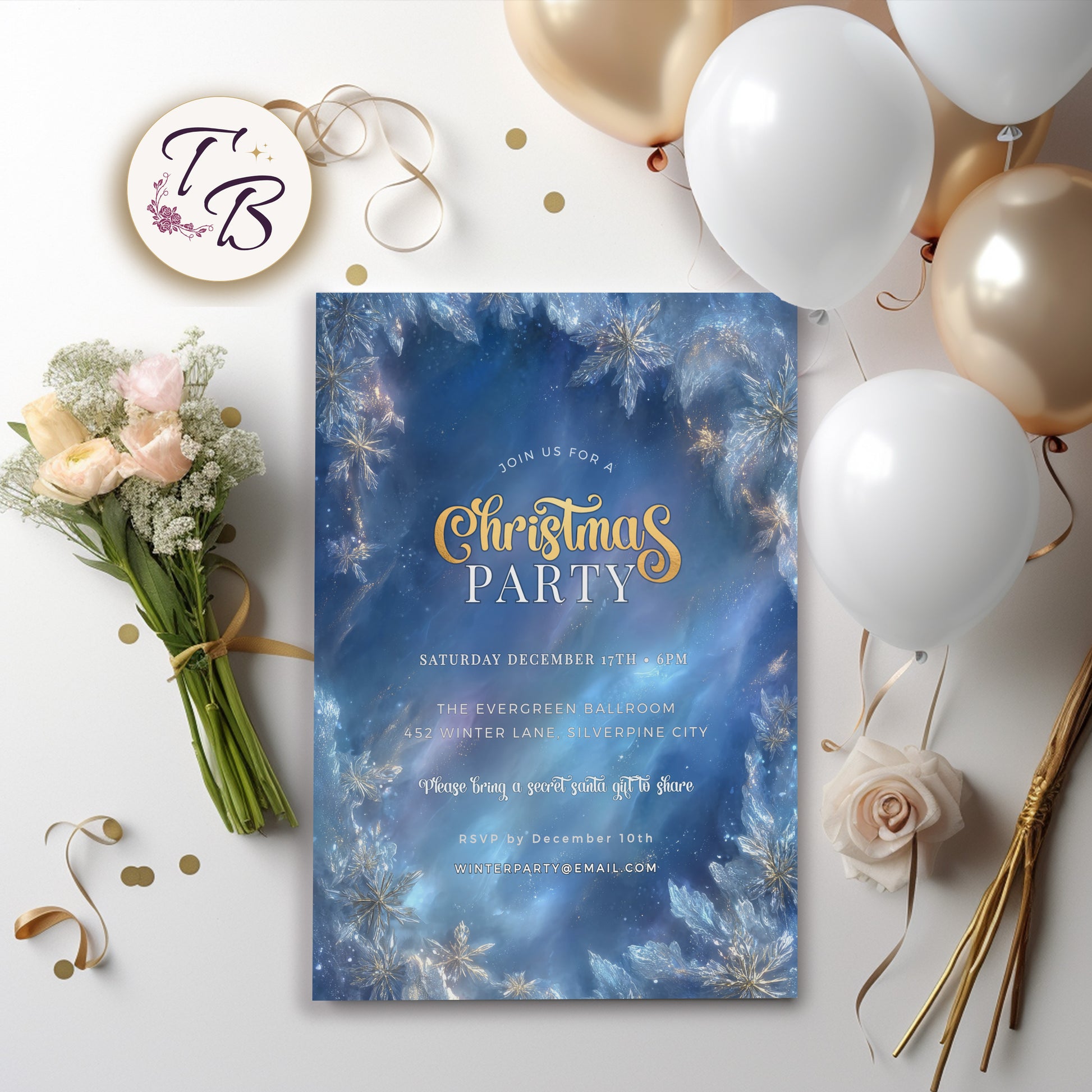 Winter Wonderland Invitation – Editable Blue Gold Snowflake Holiday Party Template