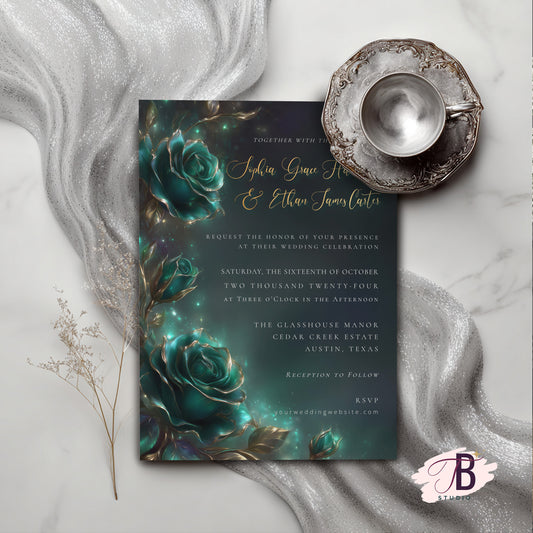 Fantasy Wedding Invitation – Editable Teal Rose & Gold Glow Invite Template