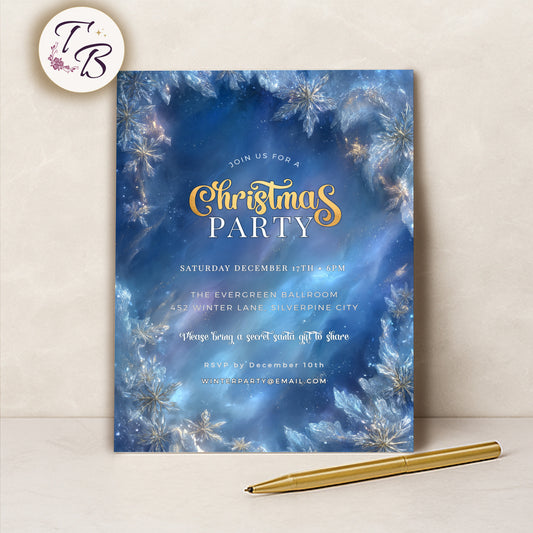Winter Wonderland Invitation – Editable Blue Gold Snowflake Holiday Party Template