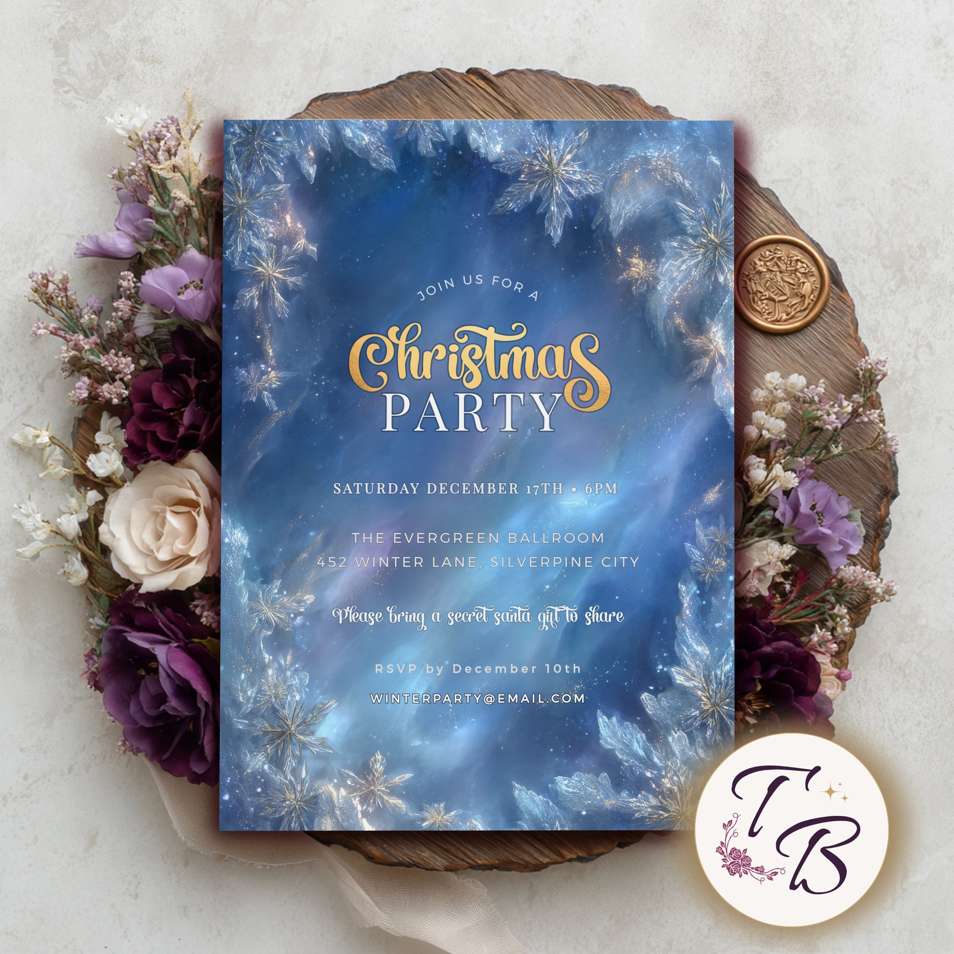Winter Wonderland Invitation – Editable Blue Gold Snowflake Holiday Party Template