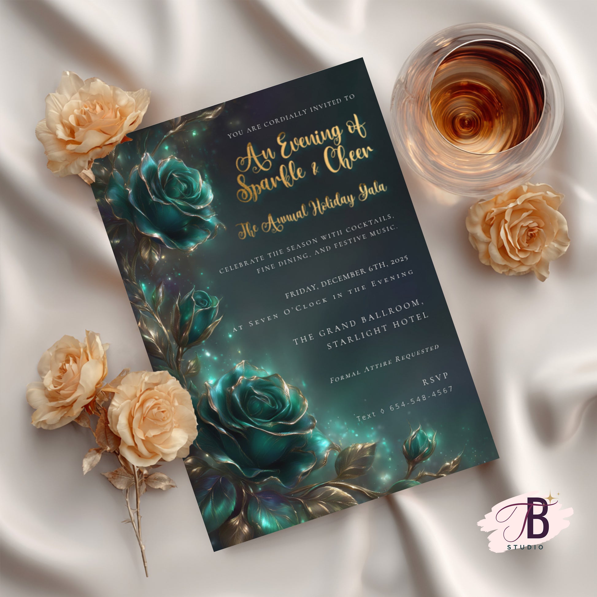 Emerald Rose Invitation – Elegant Holiday Gala Invite | Editable Event Template