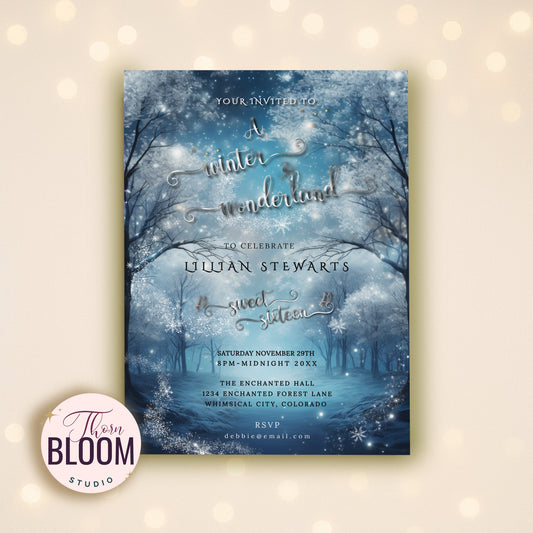 Editable Enchanted Forest Party Invite Template with Silver Foil Effect – Instant Download
