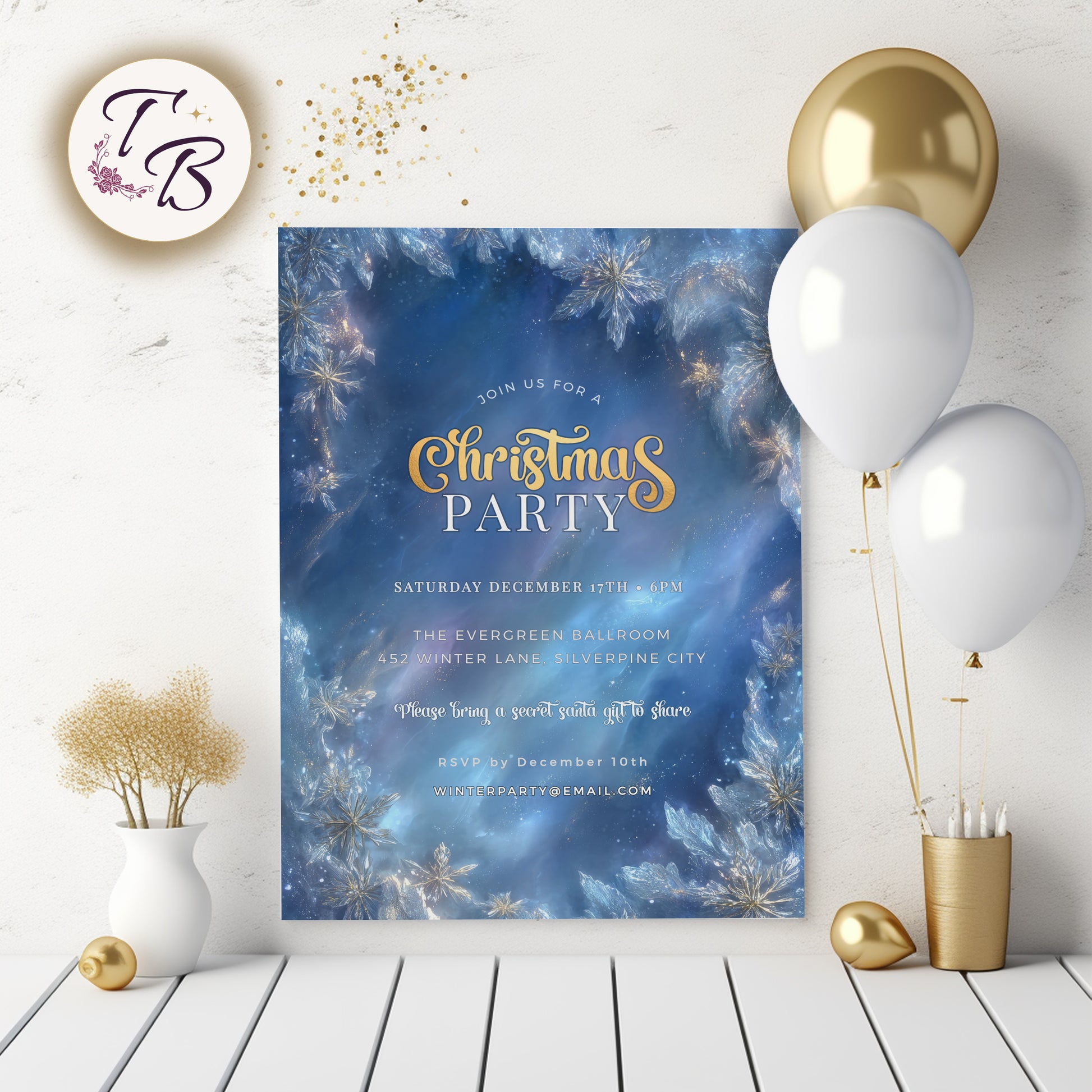 Winter Wonderland Invitation – Editable Blue Gold Snowflake Holiday Party Template