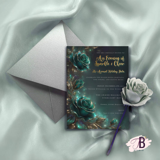 Emerald Rose Invitation – Elegant Holiday Gala Invite | Editable Event Template