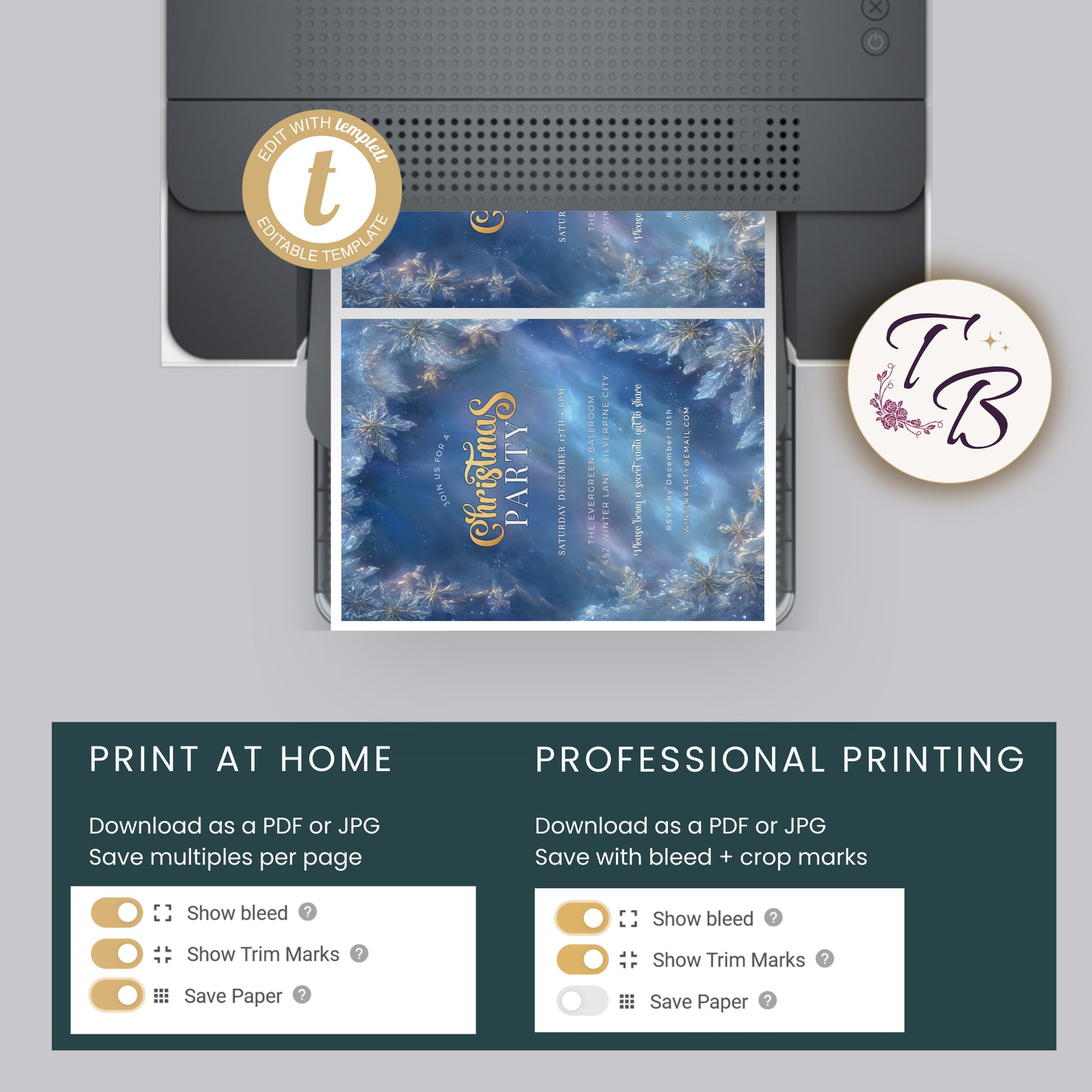 Winter Wonderland Invitation – Editable Blue Gold Snowflake Holiday Party Template