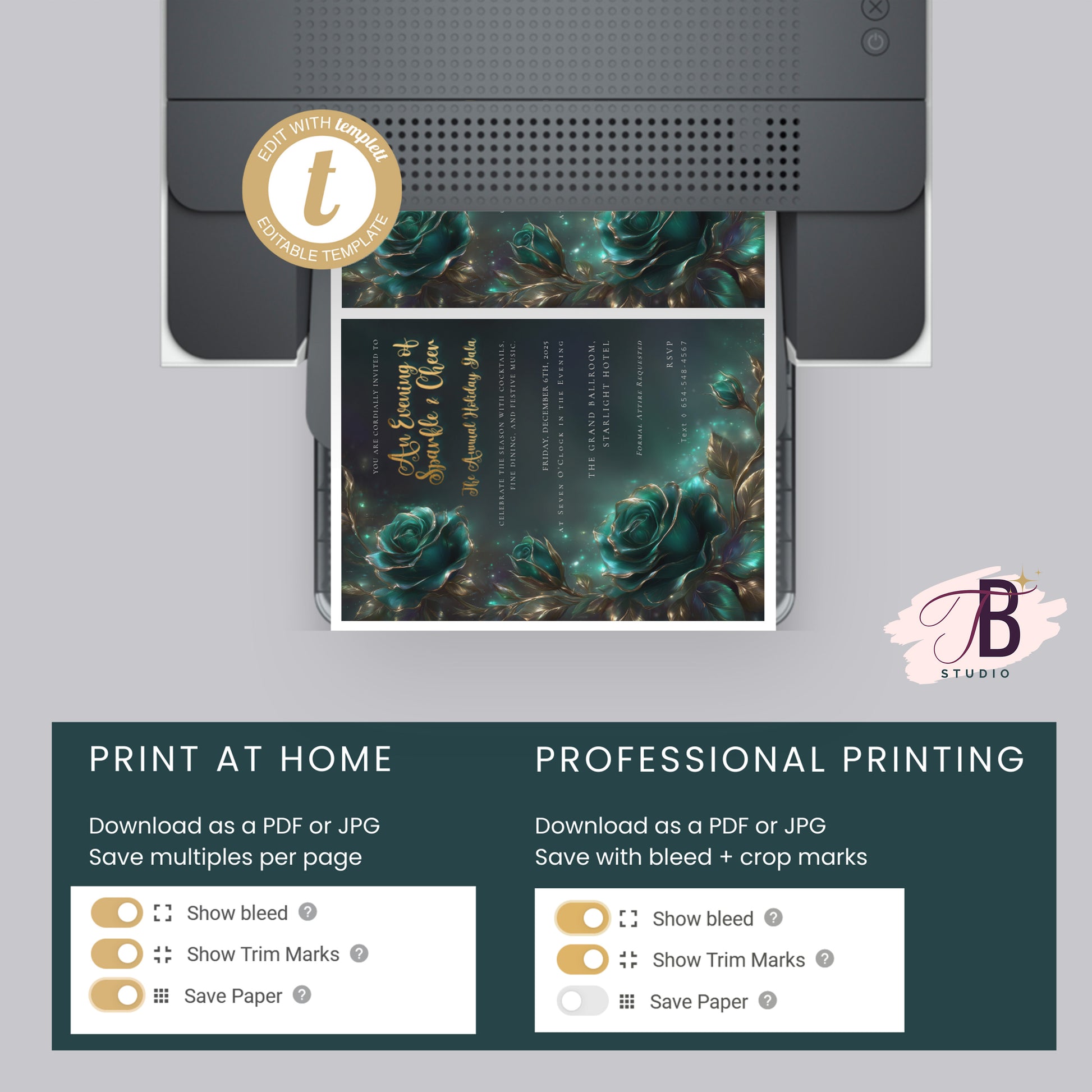 Emerald Rose Invitation – Elegant Holiday Gala Invite | Editable Event Template