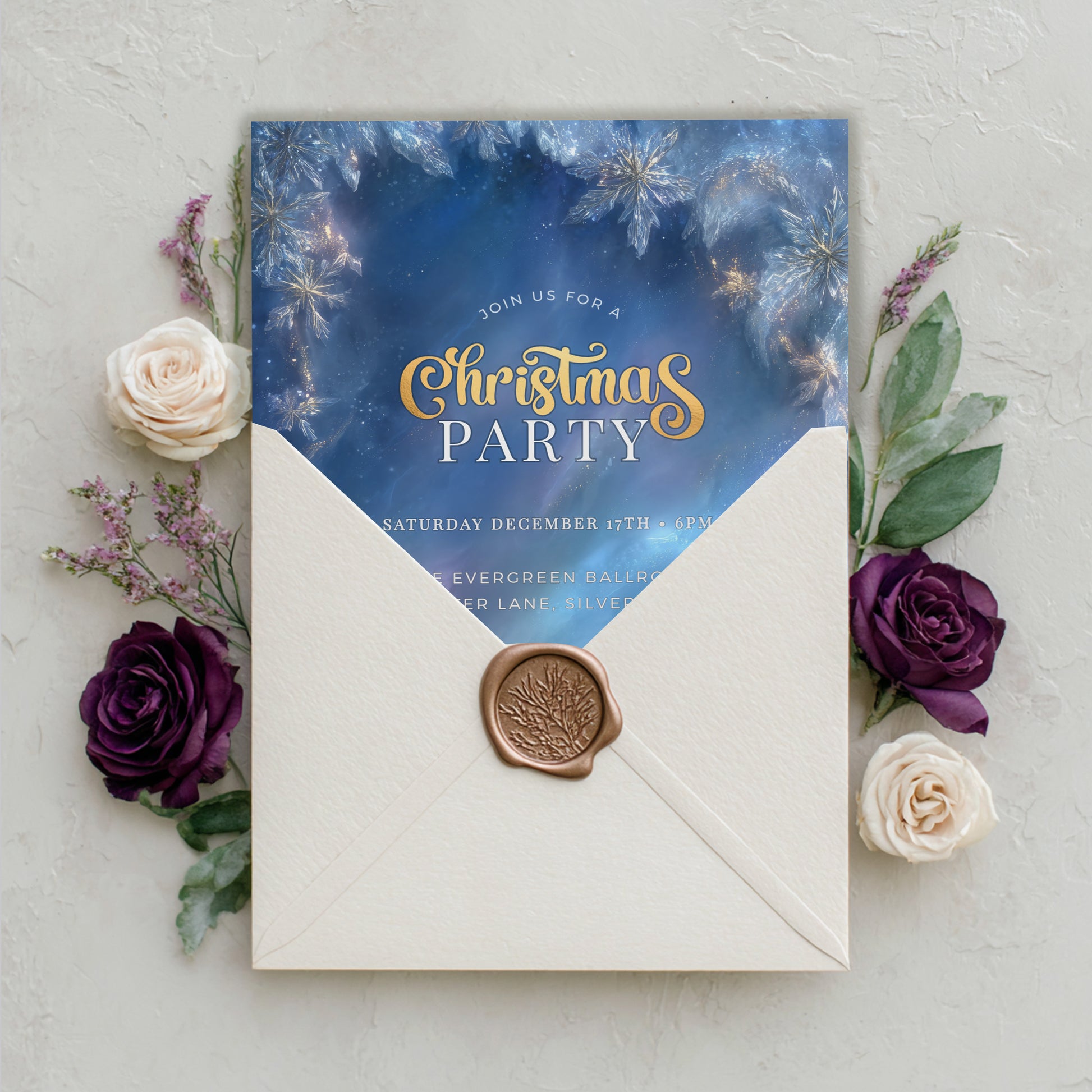 Winter Wonderland Invitation – Editable Blue Gold Snowflake Holiday Party Template