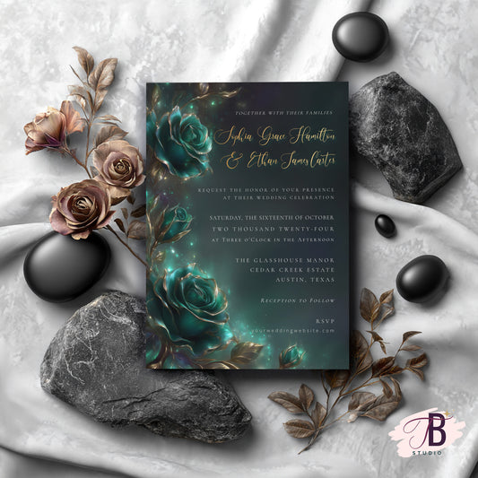 Fantasy Wedding Invitation – Editable Teal Rose & Gold Glow Invite Template