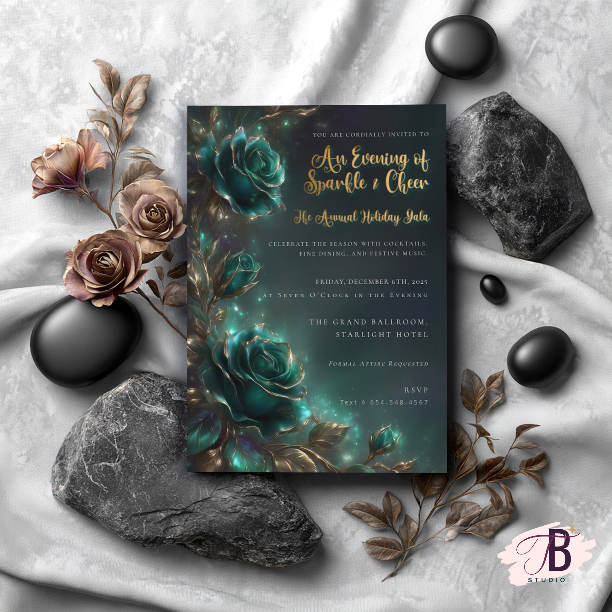 Emerald Rose Invitation – Elegant Holiday Gala Invite | Editable Event Template