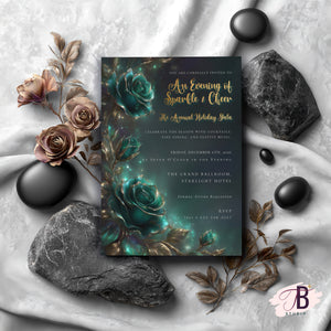 Emerald Rose Invitation – Elegant Holiday Gala Invite | Editable Event Template