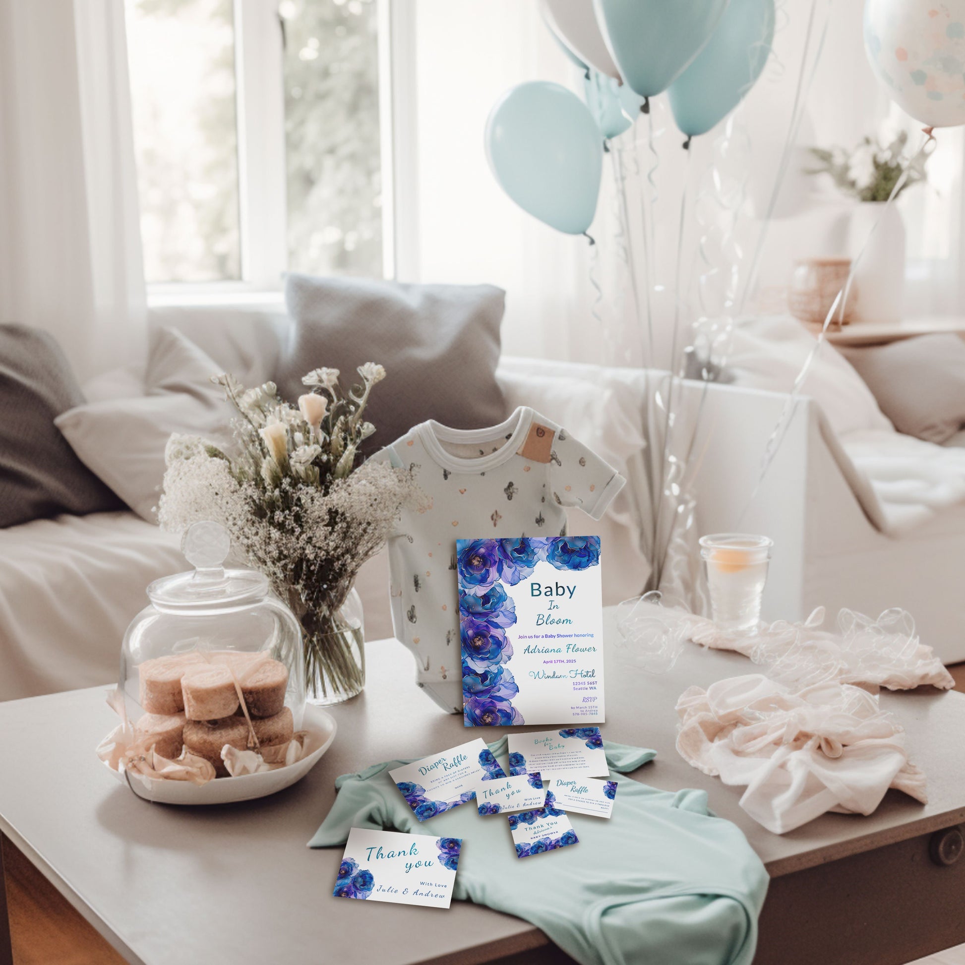 Blue Baby in Bloom Shower Bundle | Editable Invitations, Signs & Cards | Alcohol Ink Templates