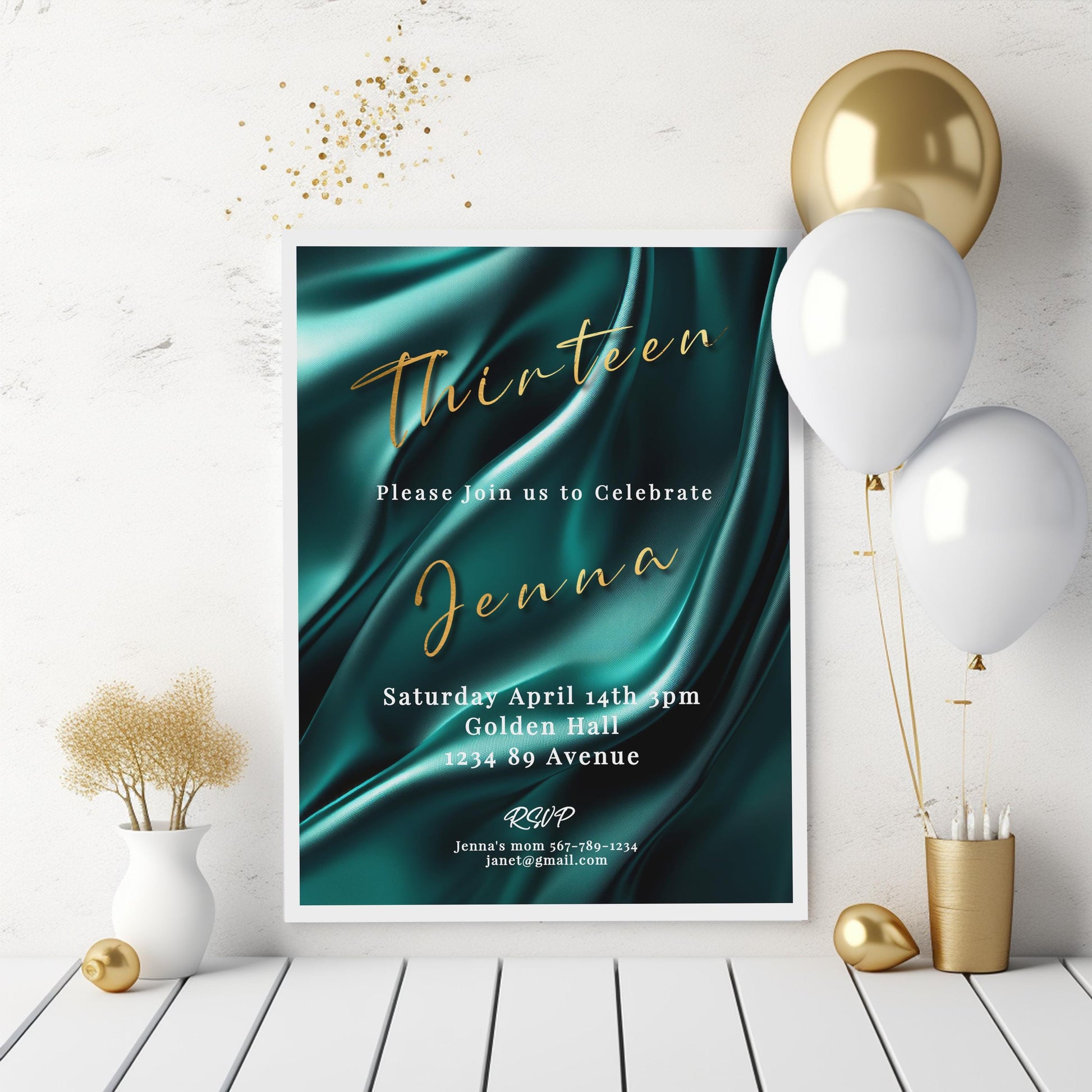 13th Birthday invitation girl teal-Invite Template - Official teenager-editable Digital Download, Teal and Gold-Teen Birthday