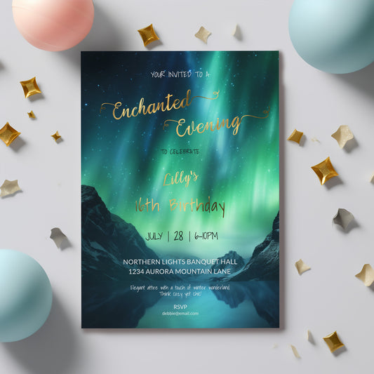 Northern Lights Sweet 16 Invitation | Aurora Borealis Theme | Editable 5x7 Digital Template