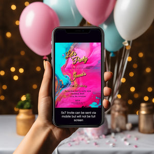 Hot Pink, Teal & Gold Birthday Editable Invitation 5x7in -brunch invite-Editable, Printable - style