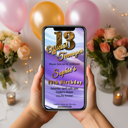 13th Birthday Mobile Invitation: Purple & Gold, Editable (Instant Download)