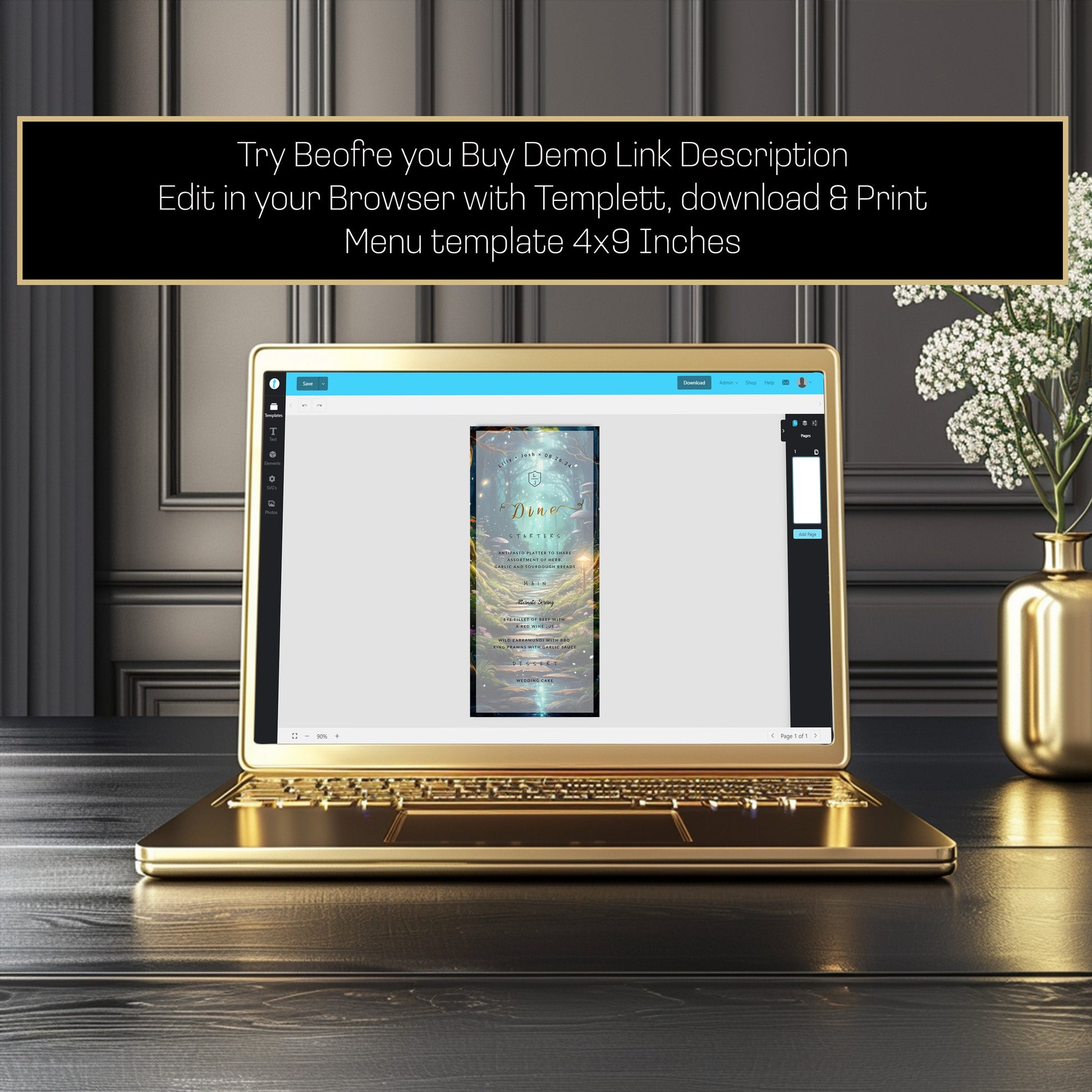 Enchanted Forest Wedding Menu Template | Fairytale Dinner Menu Card | Editable Digital Template | 4x9in Instant Download