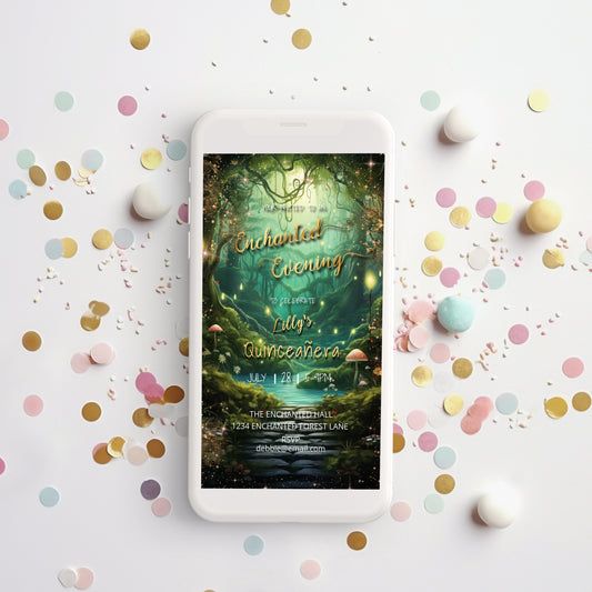 Enchanted Forest Quinceañera Invitation – Editable Mobile Template
