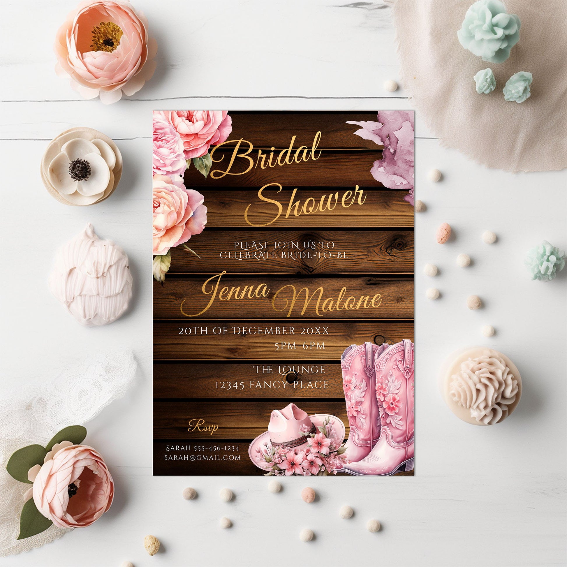 Pink Cowgirl Bridal Shower Invite- Rustic bridal shower-cowboy boots-Template Editable - Gold Lettering, 5x7 Printable