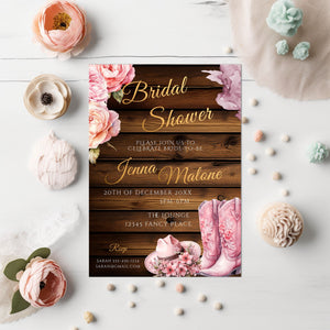Pink Cowgirl Bridal Shower Invite- Rustic bridal shower-cowboy boots-Template Editable - Gold Lettering, 5x7 Printable