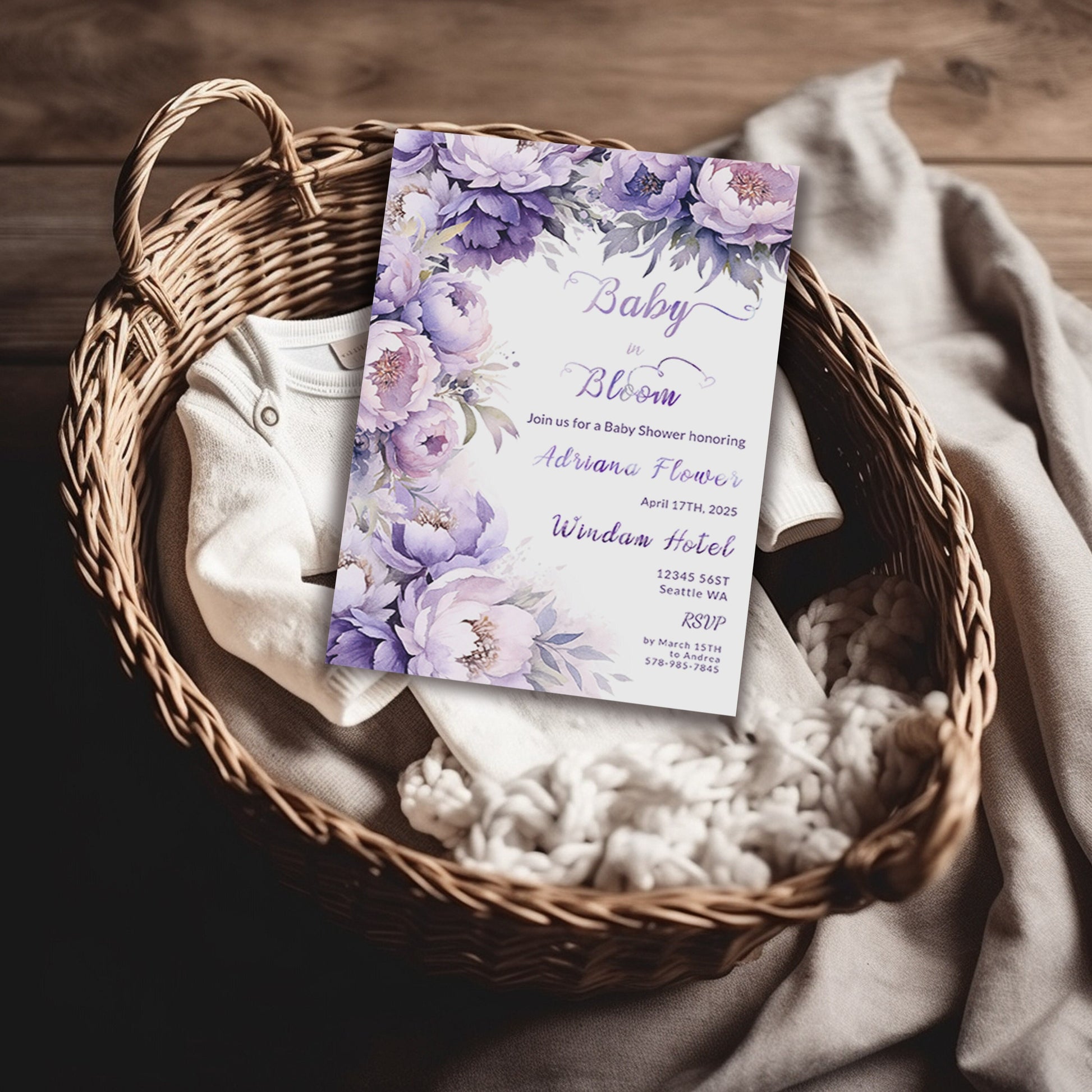 Lavender Floral Baby Shower Invitation – Editable Watercolor Template