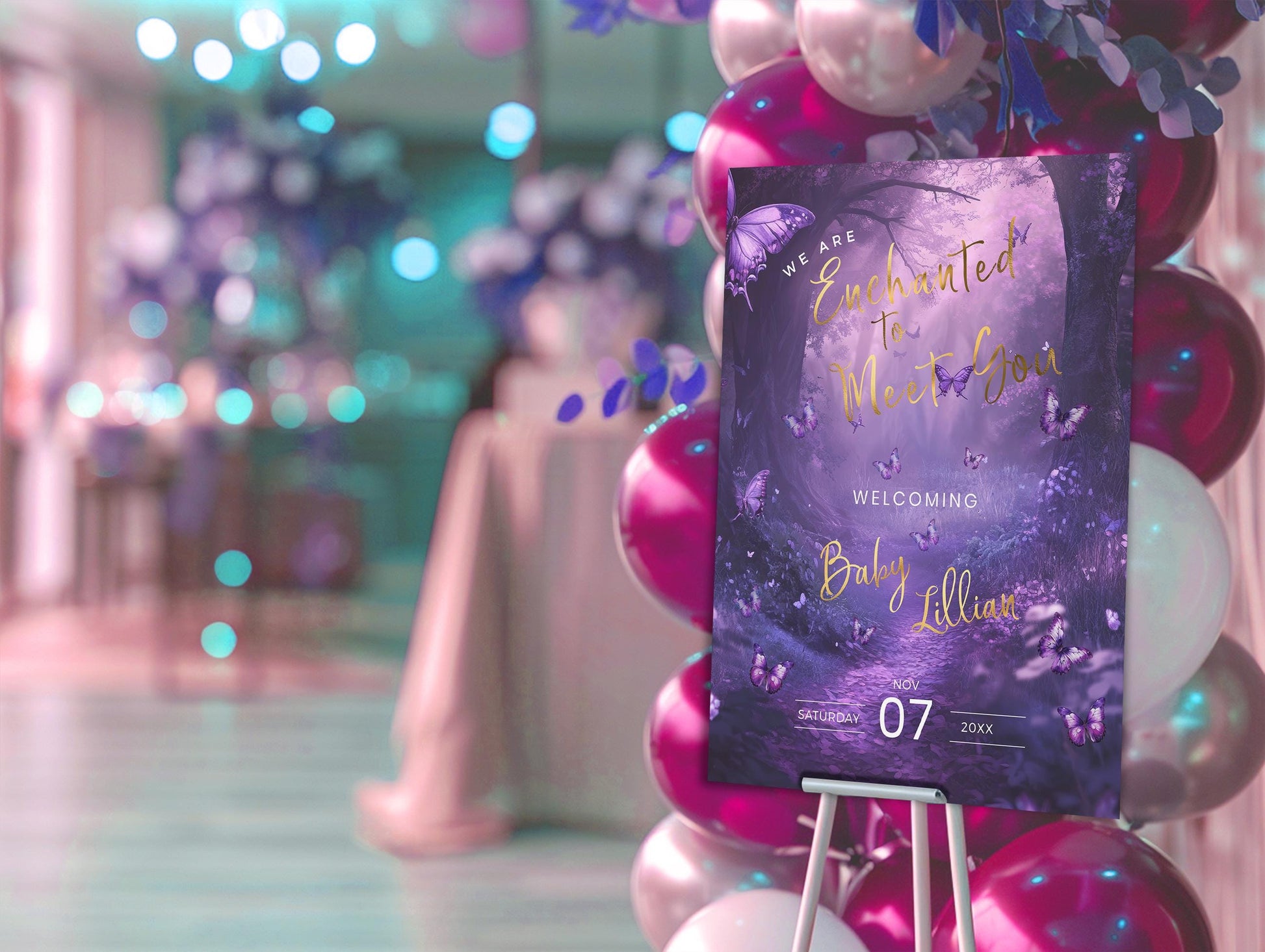 Enchanted Forest Baby Shower Welcome Sign – Purple Butterfly Editable Template
