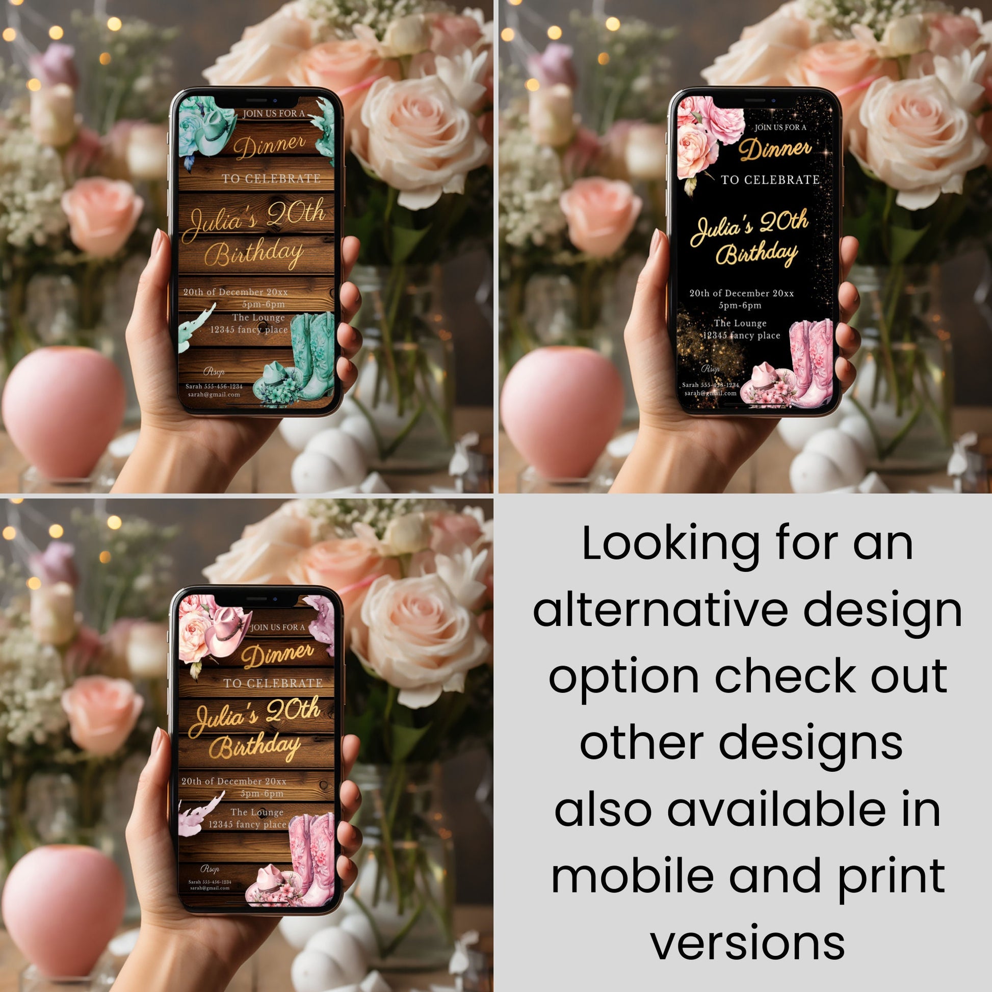 Pink Cowgirl Birthday Mobile Invite: Gold Foil, Thank You Note (Editable Template)