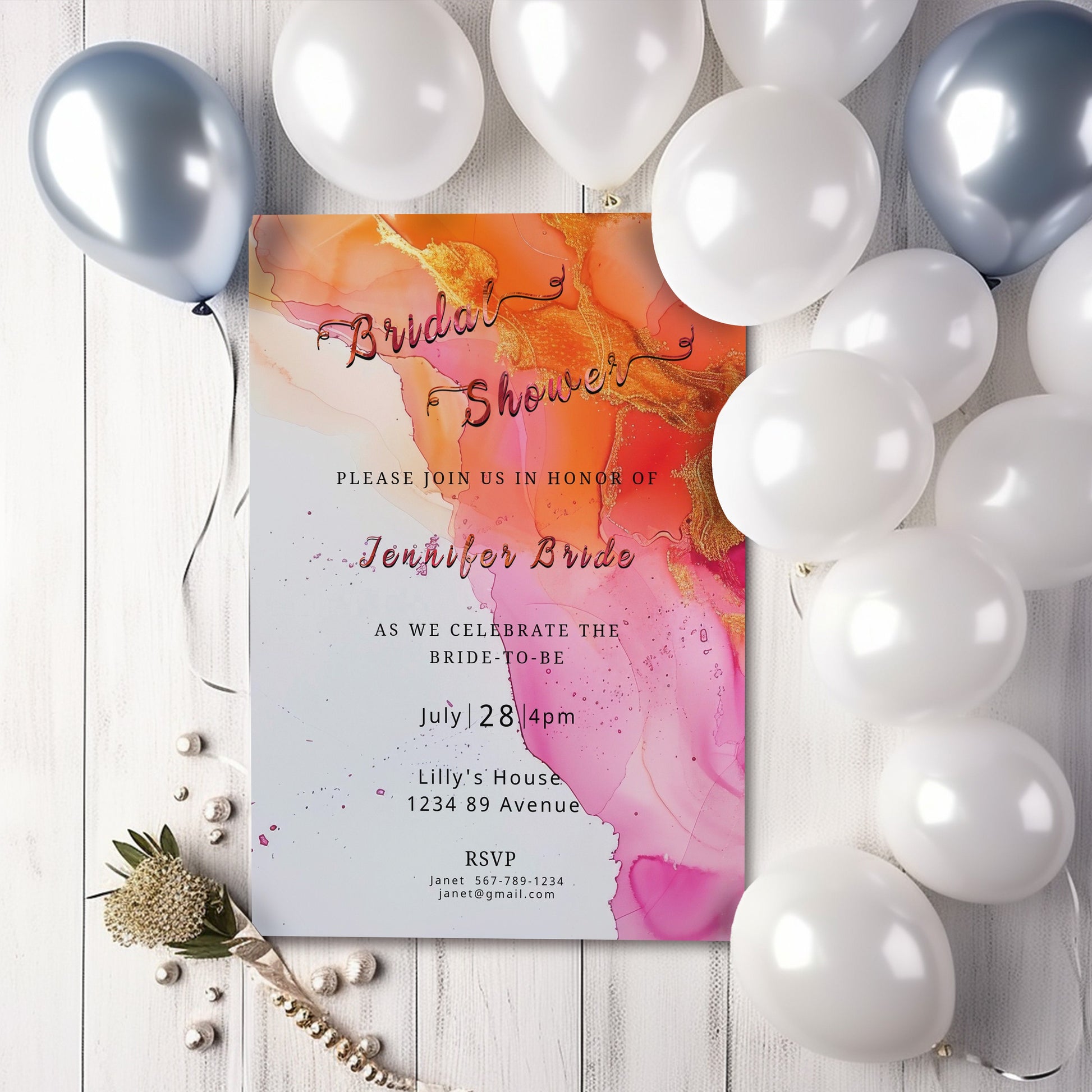Hot Pink & Orange Baby Shower Invitation Editable Alcohol Ink Invite Template