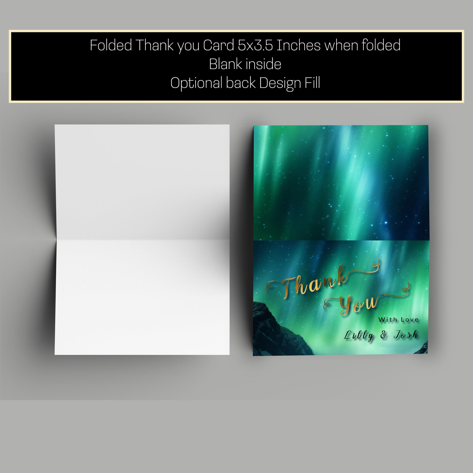 Aurora Borealis Thank You Card: Gold Lettering, Editable Template (5x3.5in)