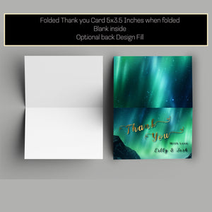 Aurora Borealis Thank You Card: Gold Lettering, Editable Template (5x3.5in)
