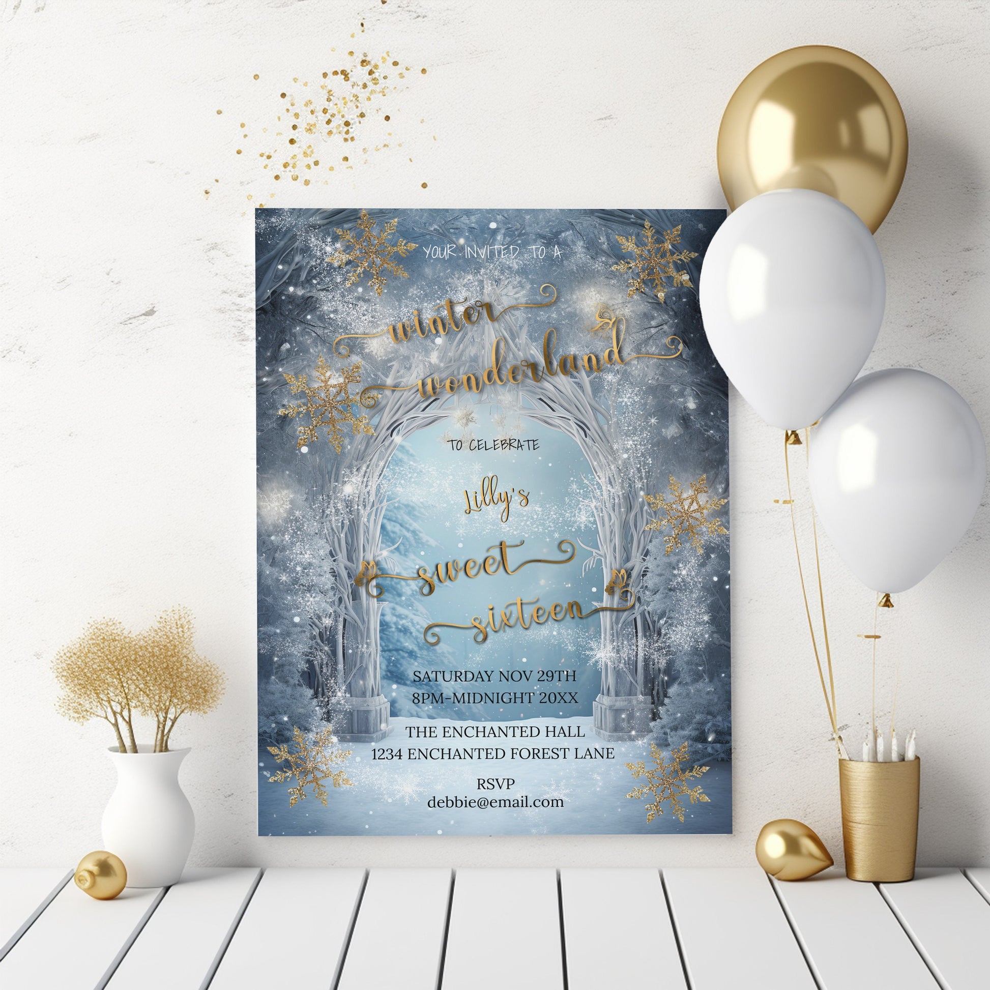 Winter Wonderland Invitation – Sweet 16 Editable Template With Gold Foil Design