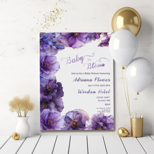 Purple Floral Baby Shower Invitation | Alcohol Ink Editable Design | Digital Download Template