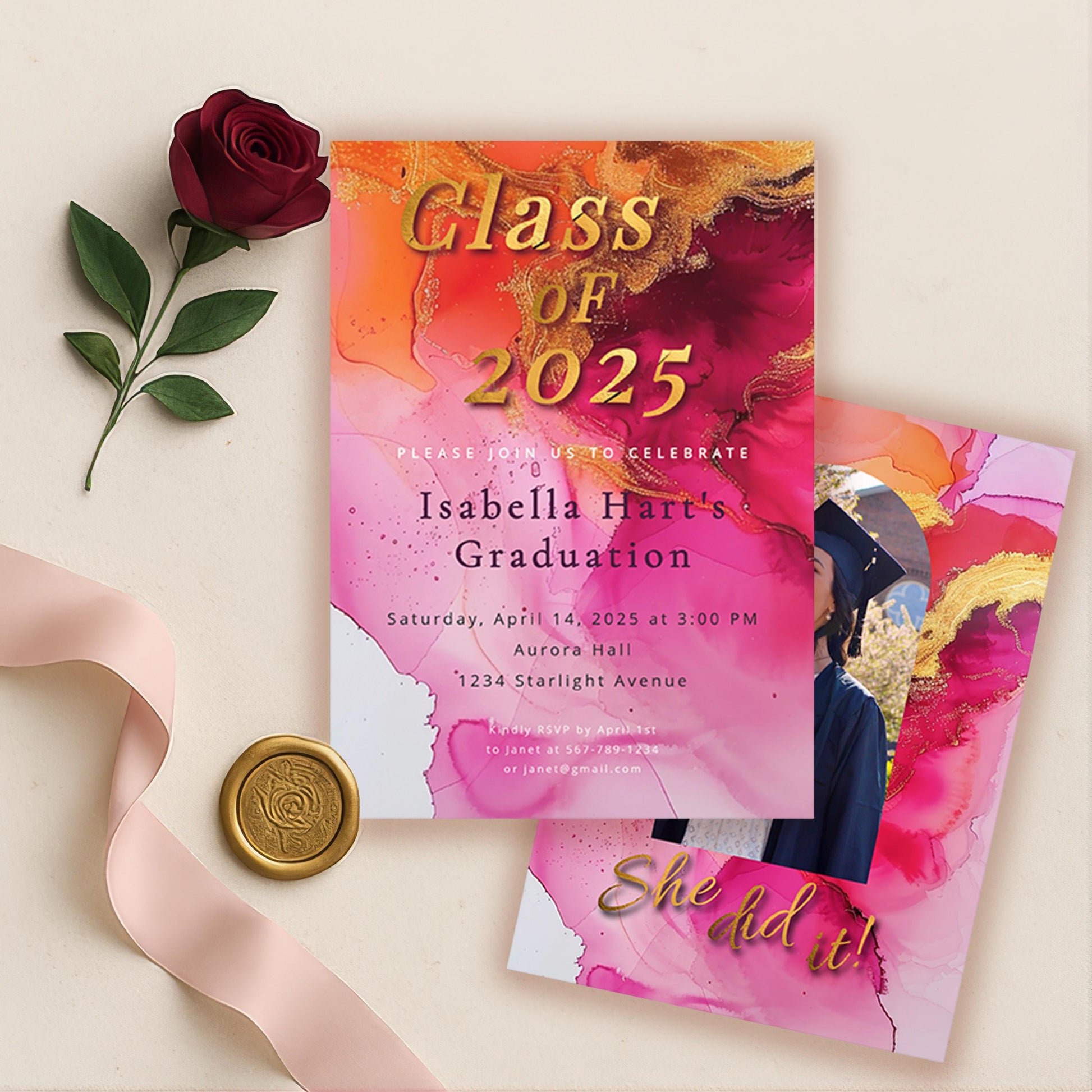 Hot Pink Graduation Invitation | Editable 5x7 Template with Gold Foil & Photo Option