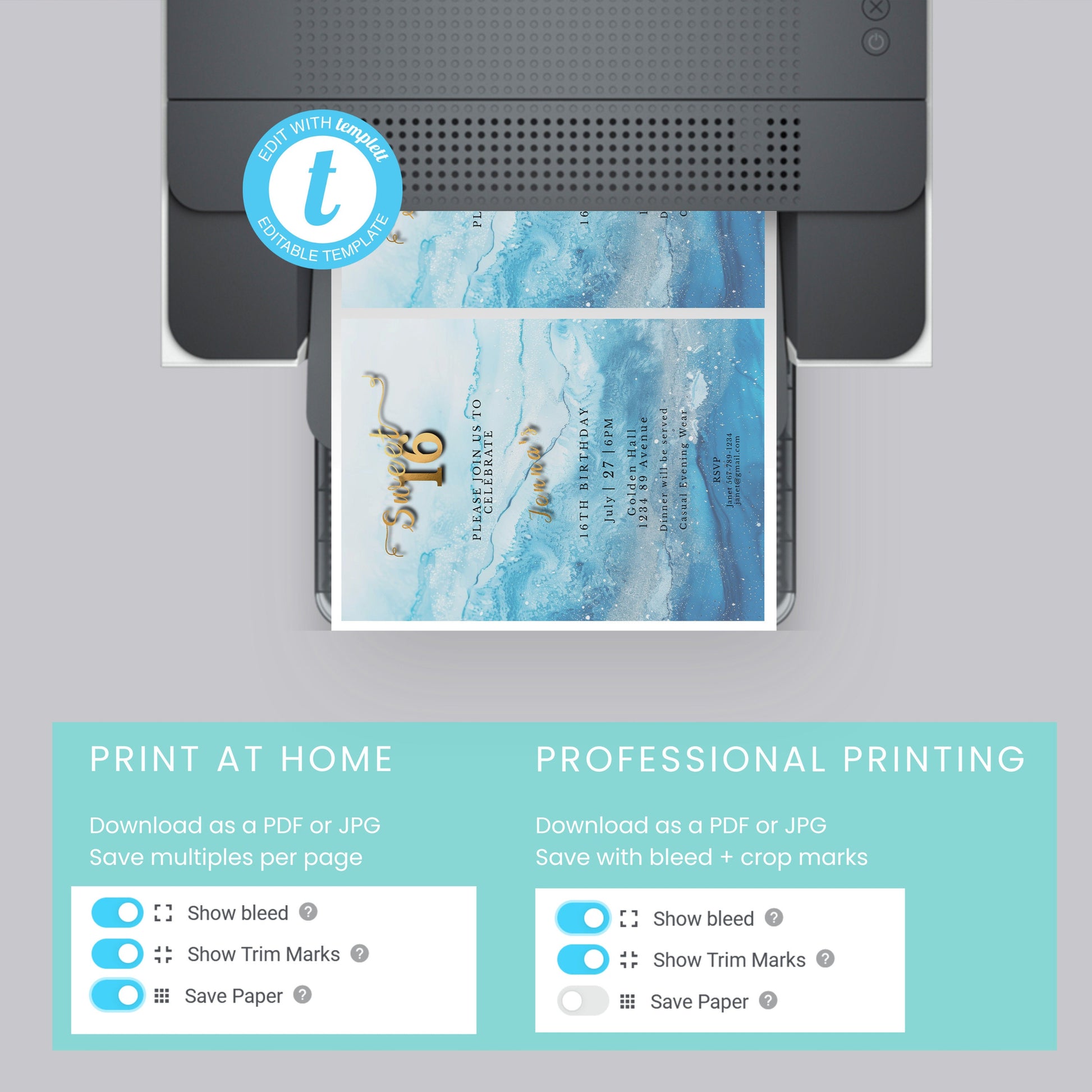 Sweet 16 Invitation Light Blue- blue and silver Glitter-Editable template-Evite-Printable-Blue Sparkles