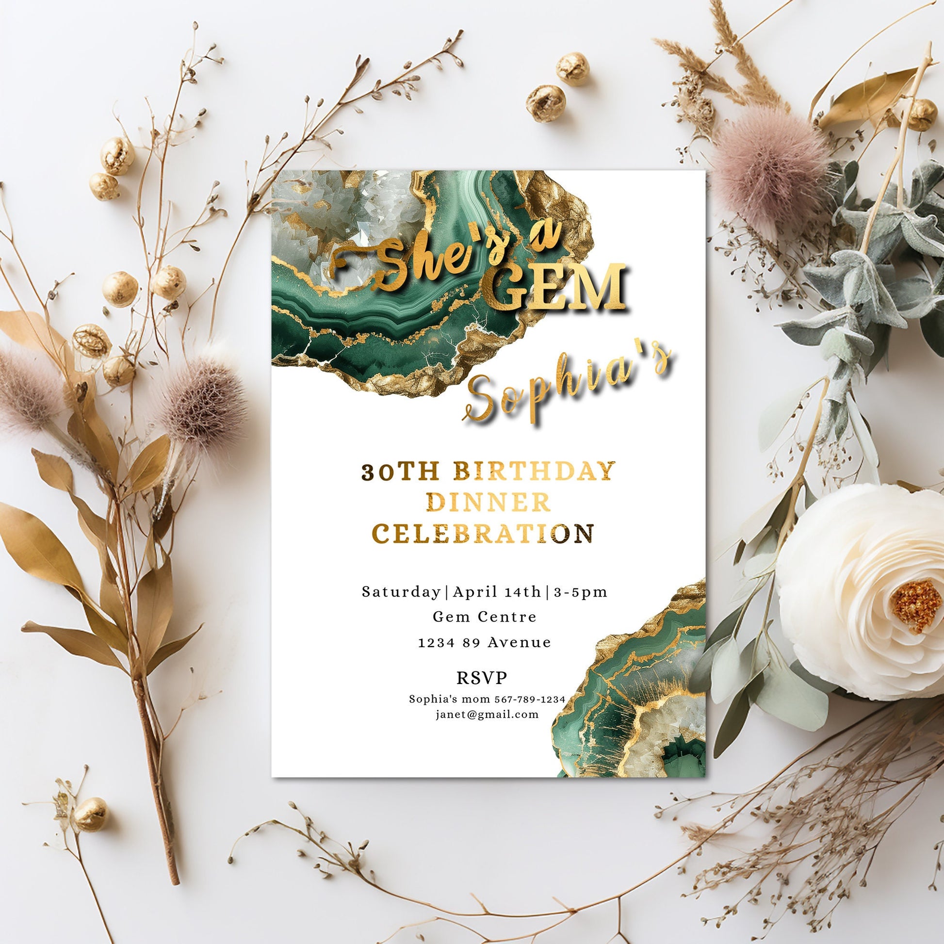 Green & Gold Geode Birthday Invitation | Elegant Crystal Party Template | Editable 5x7 Digital Download