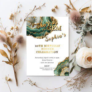 Green & Gold Geode Birthday Invitation | Elegant Crystal Party Template | Editable 5x7 Digital Download