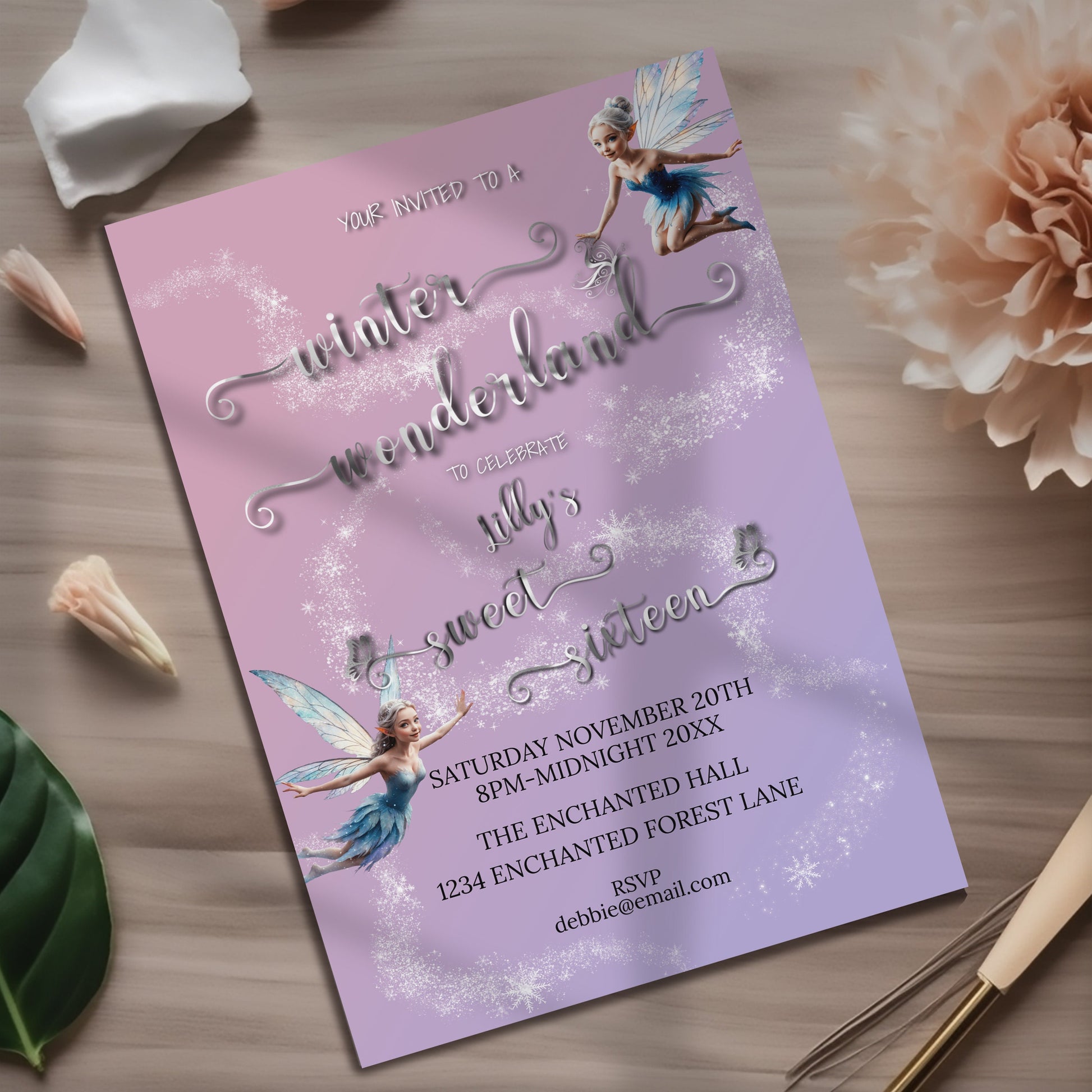 Winter Fairy Sweet 16 Invitation – Winter Wonderland Editable Template