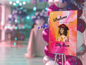 Groovy Retro Graduation Welcome Sign | Hot Pink Orange | Photo Arch | 18×24 / 24×36 | Editable Template